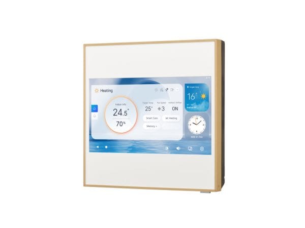 Slimme thermostaat met digitaal scherm en weerinformatie.