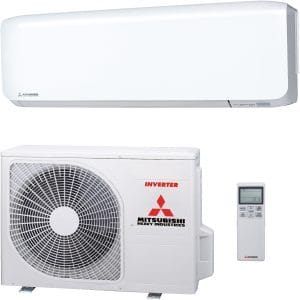 Mitsubishi airconditioner met inverter en afstandsbediening.