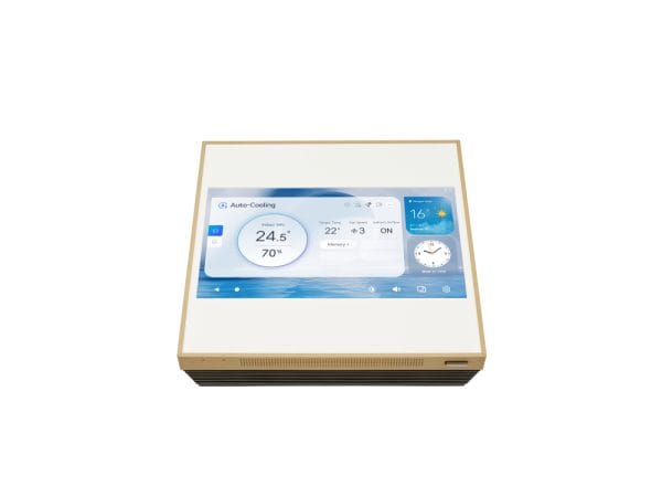 Moderne thermostaat met digitaal display en instellingen.