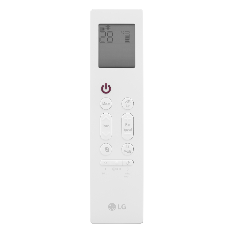 Witte afstandsbediening met LCD-scherm en knoppen.