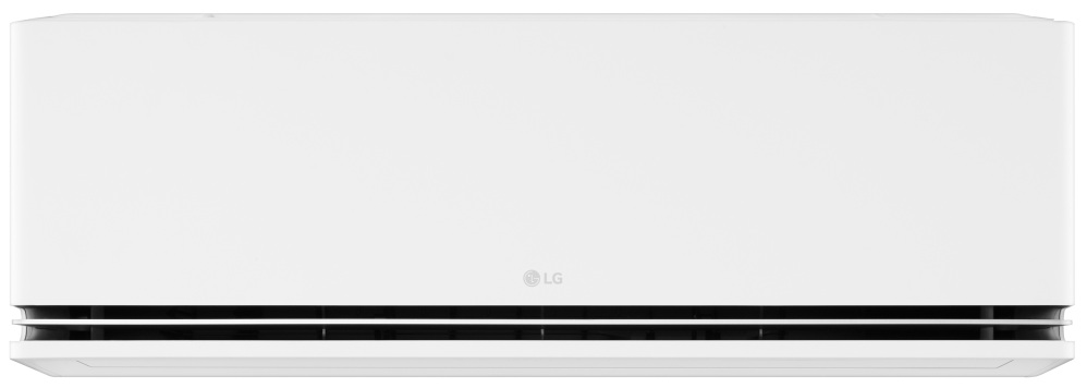 Witte airconditioner tegen witte achtergrond, vooraanzicht.