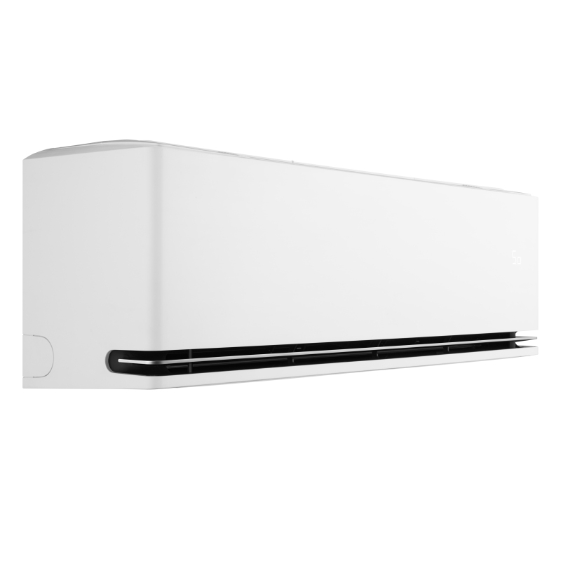 Witte airconditioner aan muur bevestigd, zijaanzicht.
